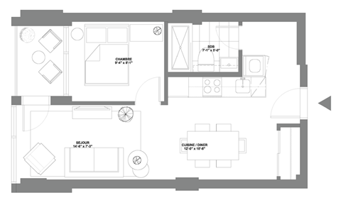 a floor plan of a small house with a bedroom and a living room